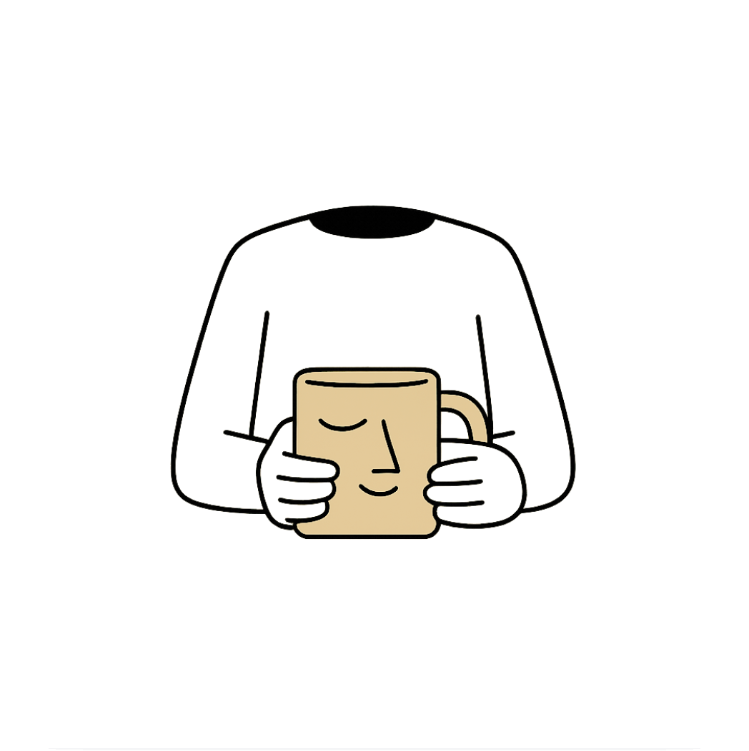 The Specialty mascot — a cozy figure holding a warm mug